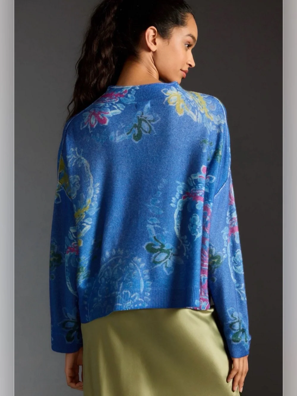 Pilcro Anthropologie The Alani Cashmere mock neck Blue Floral Sweater - Picture 3 of 7